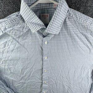 Thomas Pink Long Sleeve Button Up Shirt Men Cotton Blue Check 17 43 Classic Fit